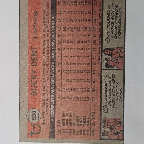 1981 TOPPS 650 BUCKY DENT - Picture 2 of 12